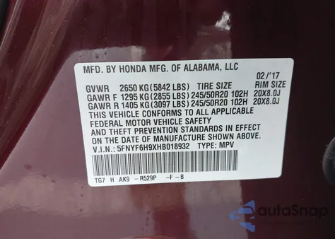 2017 Honda Pilot Touring из США, поврежденный, VIN 5FNYF6H9XHB018932